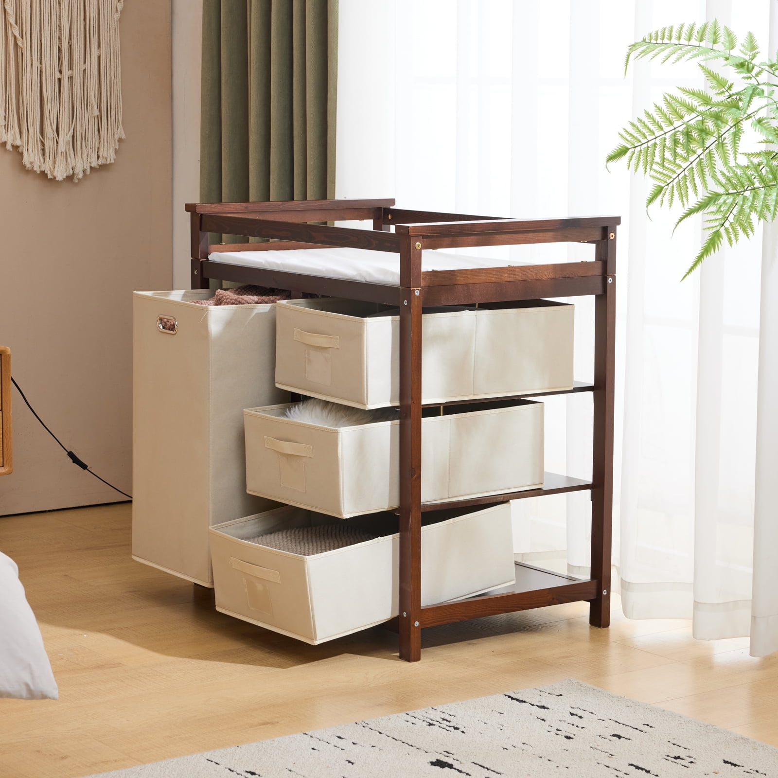 Zimtown Baby Changing Table,Dresser Baby Diaper Changing Station with Laundry Hamper,Infant Nursing Table with 3 Storage Drawers,Removable Safety Rail & Strap for Bedroom,Brown