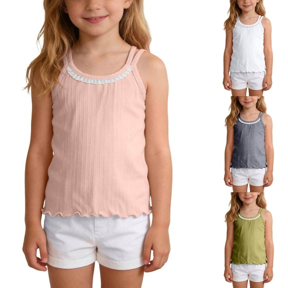 WAVSUF Girls Cami Tank Tops Crew Neck Sleeveless Ruffle Hem Kids Summer Casual Daily Underwear Pink Size 6