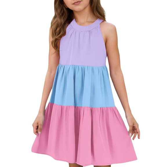 Big Girls' Dresses Sleeveless Color Block Casual Skater Swing Girls Floral Dress Size 13-14T