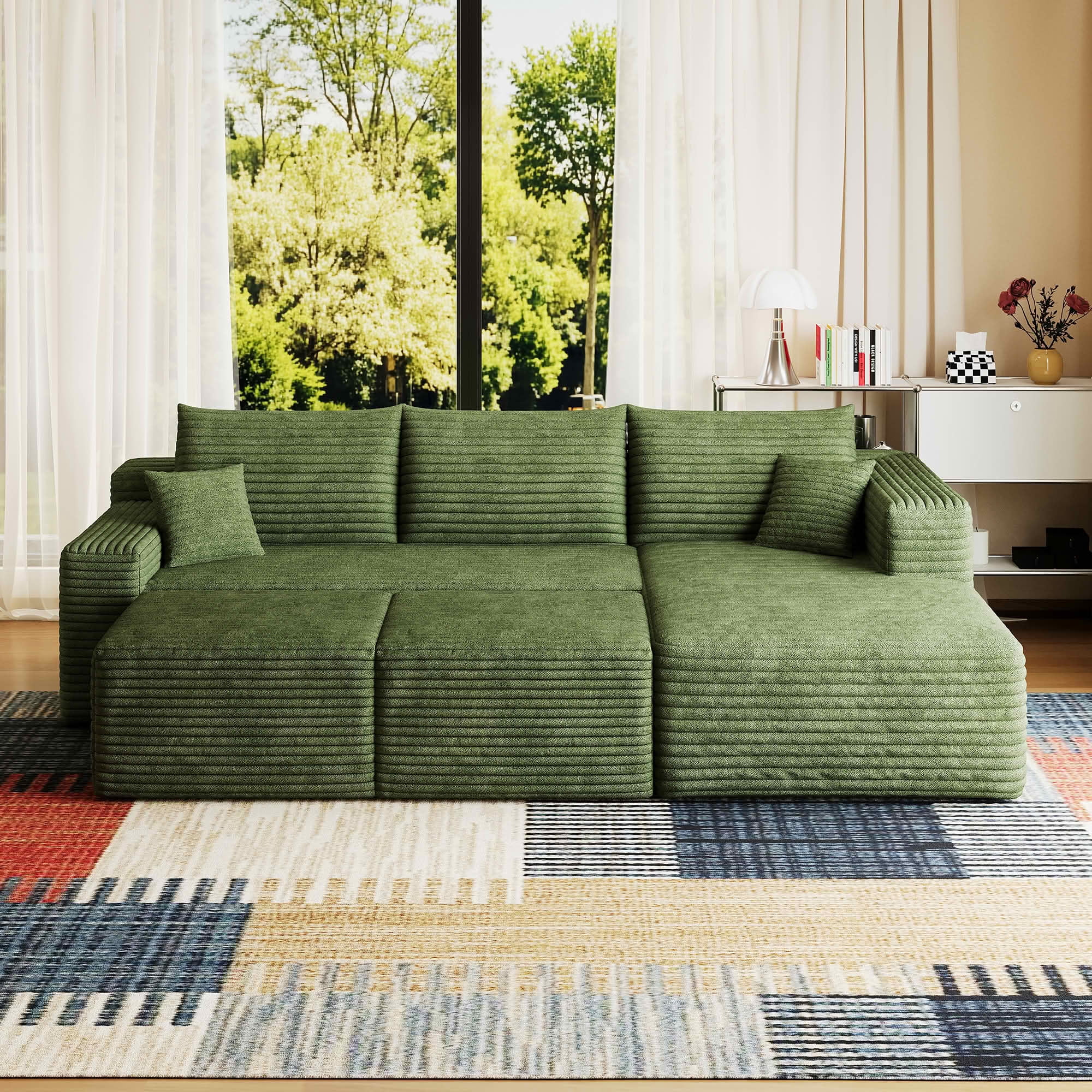 MAYEERTY 95 Inch U‑Shaped Cloud Sectional Sofa with 2 Ottomans, Modern Deep‑Seat Corner Couch, Plush Corduroy Reversible Sofa, No‑Assembly for Living Room Bedroom Apartment