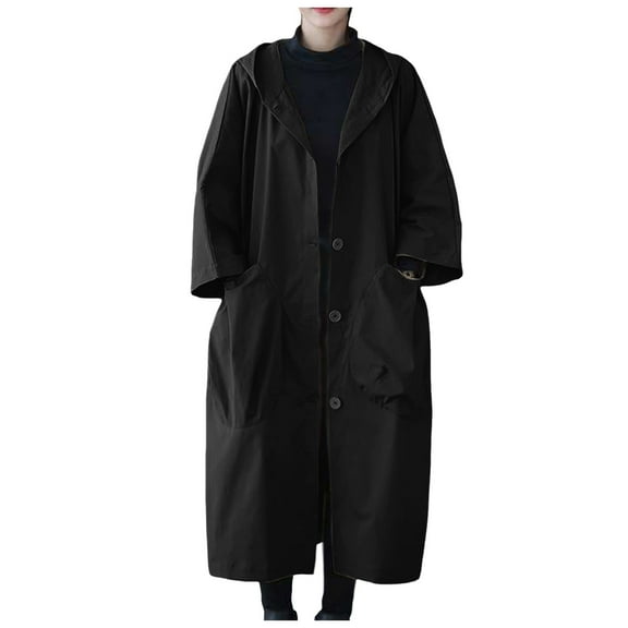 MuXi Women's Long Trench Coat Jacket Hooded Windbreaker Outerwear for Spring Autumn Winter Oversized One Size Fits All (Black,One Size)