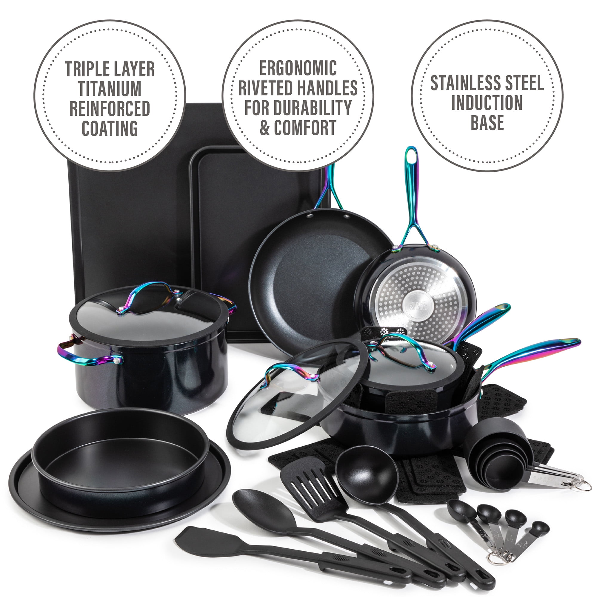 Thyme & Table, Kitchen, Thyme Table 8 Piece Nonstick Black Rainbow Cookware  Set