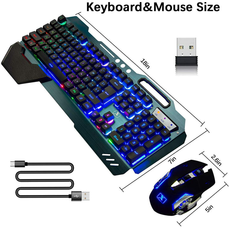 XINMENG Wireless Gaming Keyboard and Mouse, Rainbow Backlit Rechargeable  Keyboard Mouse 3800mAh Battery Metal Panel, Removable Hand Rest Mechanical  Feel Gaming Mute Mouse for PC PS4 PS5 Xbox Gamers 