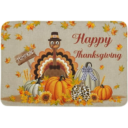 

Happy Thanksgiving Indoor Door Mat Anti-Skid Memory Foam Floor Mat Absorbent Entrance Rug Easy Clean Washable Doormat for Entryway Patio Front Door Turkey Pumpkins 24x16 Inch