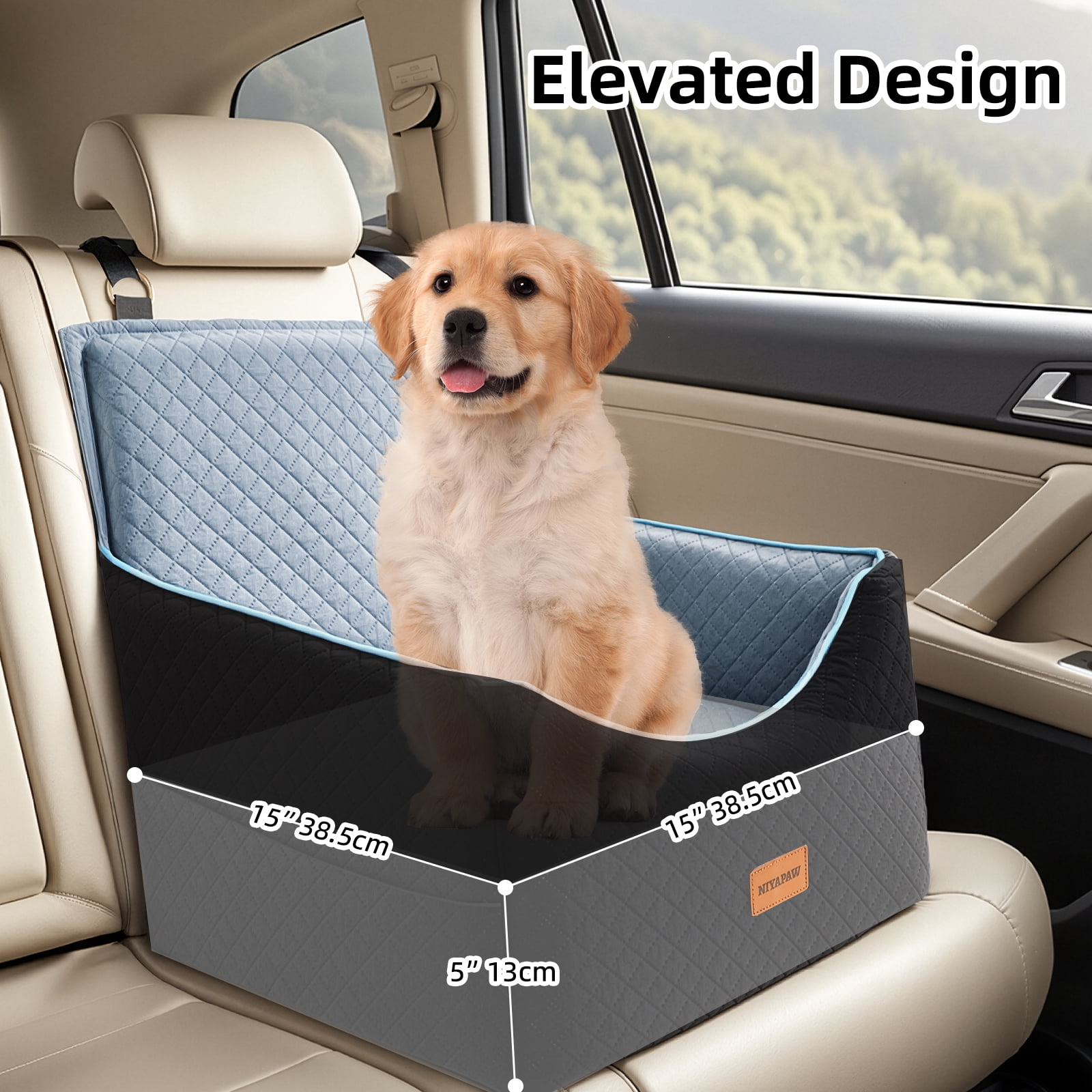 NIYAPAW Elevated Dog Car Seat for Small/Medium Dogs up to 35 lbs,Memory Foam Pet Booster Seat with dog car bed, Safety Pet Seat with Seatbelt Channel，Washable and Detachable (Black&Gray)