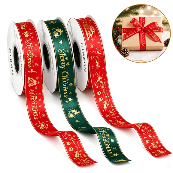 Christmas Ribbon 3-Roll Set, 1 Inch Wide, 25 Yards Each (75 Yards Total) Christmas Ribbon for Gift Wrapping, christmas ribbon for crafts Crafts and Decorations
