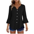 thumbnail image 2 of Craaazy Women's Relaxed Fit V Neck Blouse, Solid Color 3/4 Sleeve Flare Cuff Top, Loose Comfy Button Accent Casual Tee for Spring & Summer Gifts, 2 of 7