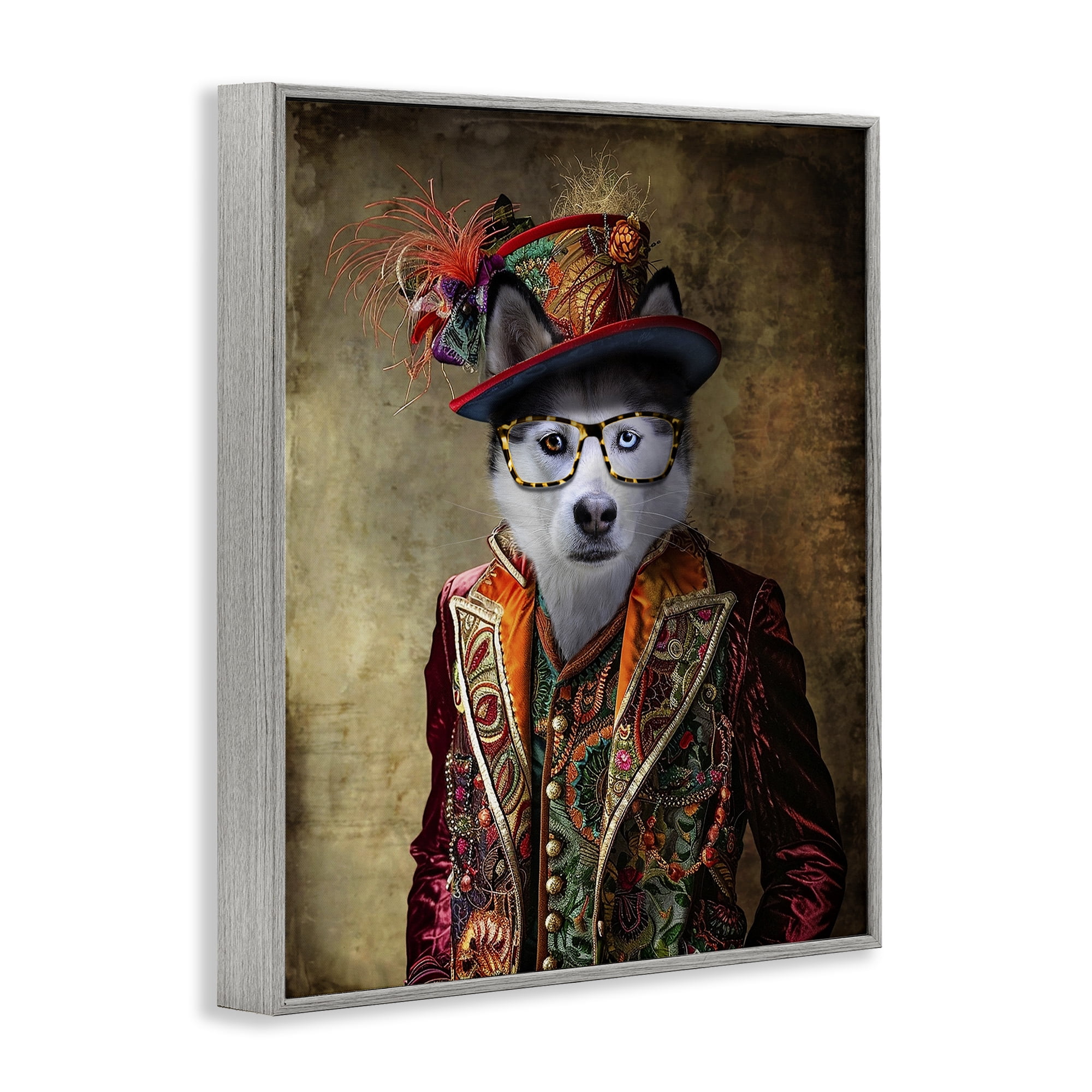 Stupell Industries Husky Dog Eclectic Suit Animals & Insects Painting Gray Framed Art Print Wall Art, 24 x 30