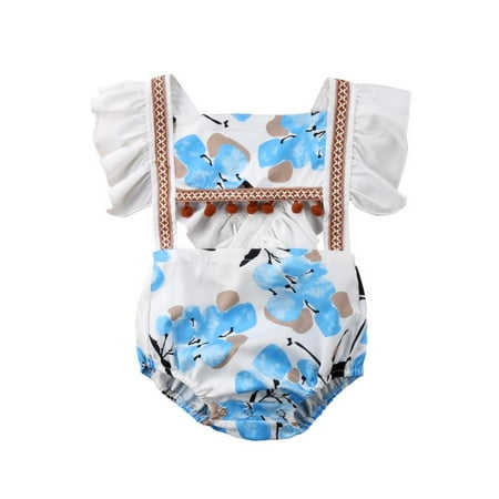 - Baby Girls Fly Sleeve Ruffle Floral Tassel Bubble Romper Bodysuit Sunsuit