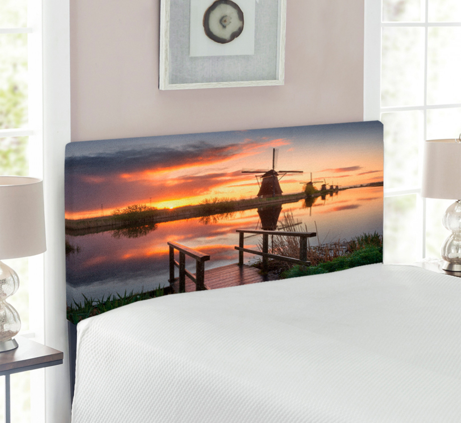 Nature Headboard, Landscape with Traditional Famous Dutch Windmills on Background near Canal Photo, Upholstered Decorative Metal Bed Headboard with Memory Foam, Twin Size, Orange Blue, by Ambesonne - image 2 of 4