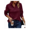 thumbnail image 2 of Womens Long Sleeve Quarter Zip Pullover Sweater Casual Loose V Neck Collared Ribbed Knit Jumper Tops Wine Red L, 2 of 8