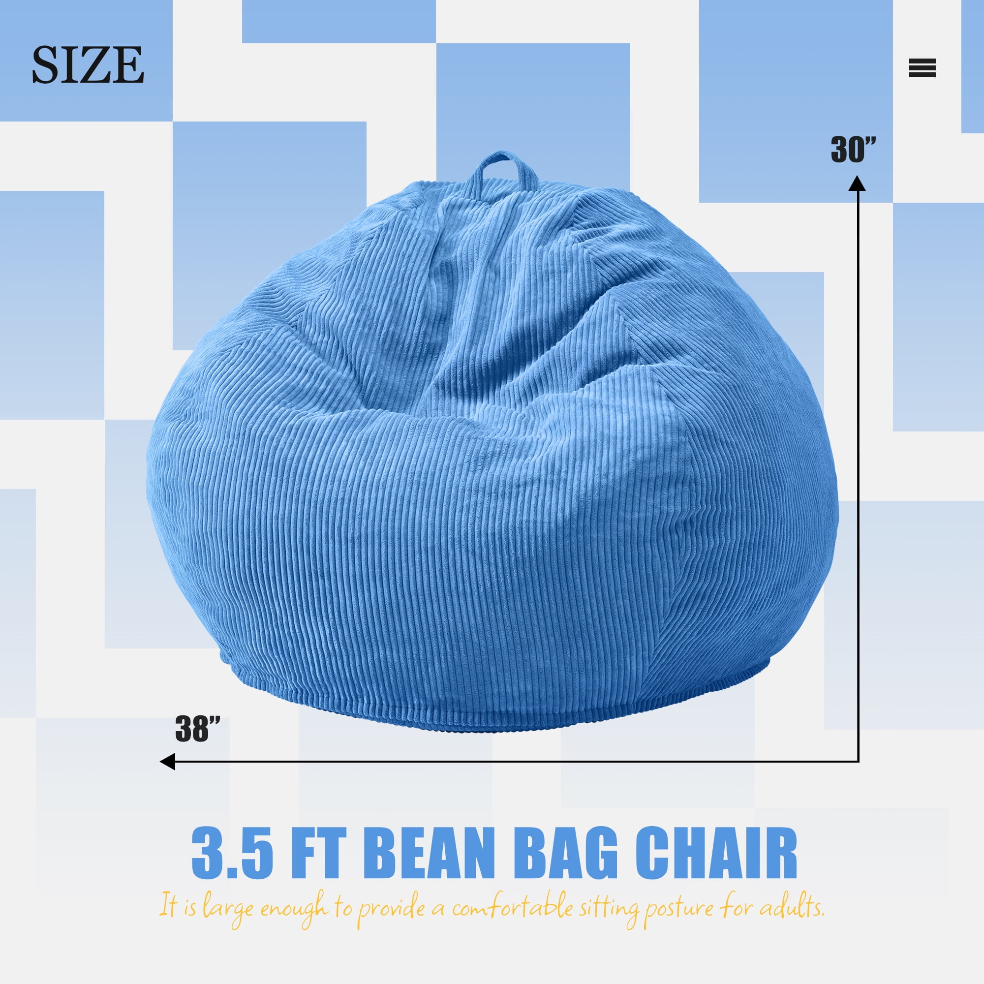 3.5FT Bean Bag Chair Adult Large Beanbag Chair with Filler Included Teardrop Bean Bag Chair with Removable Cover for Bedroom Living Room (Large, Blue)