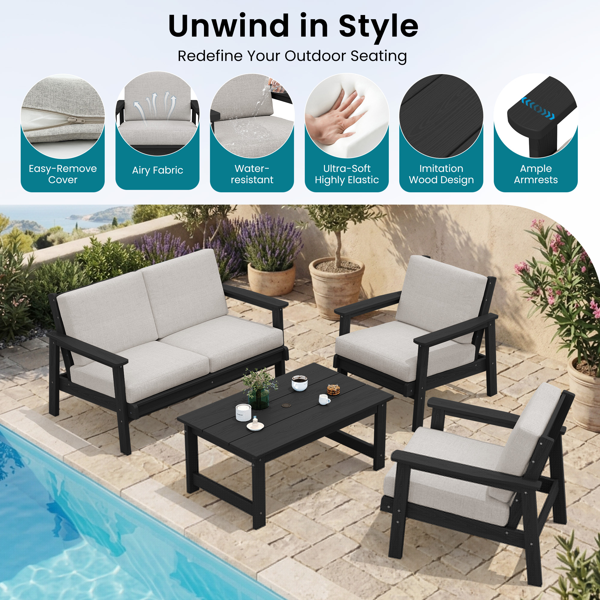 SERWALL 5 Pieces Outdoor HDPE Patio Furniture Sets, Conversation Sets with Cushions, 2 Armchairs & 1 Loveseat & 1 Coffee Table for Poolside, Balcony, Porch & Backyard, Black / Khaki