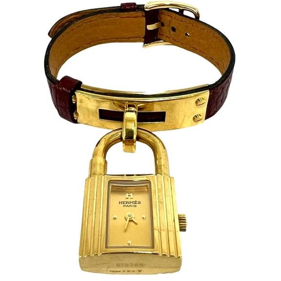 Pre-Owned HERMES Vintage Kelly Watch GP Leather Genuine Quartz Wristwatch Brown Gold 33095