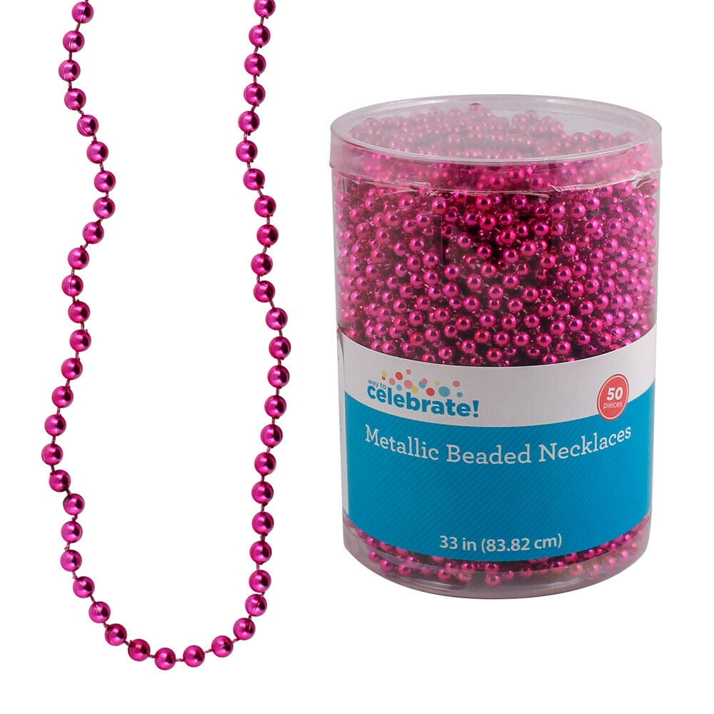 50 Pack of Celebrate 33' Hot Pink Metallic Beaded Necklaces Round 6mm Beads 1286