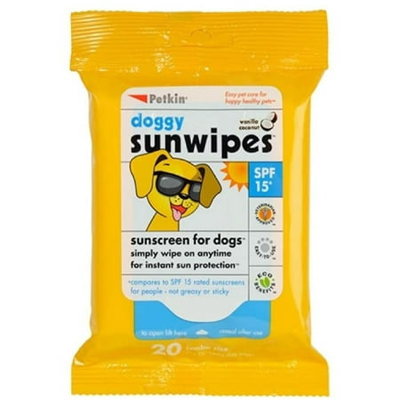Petkin Dog Sunscreen Sunwipes – Sunscreen for Dogs, SPF 15 – Simply Wipe on Anytime for Instant Sun Protection – Includes 20 Jumbo Size Wipes, Vanilla Coconut Scent – Ideal for Home or Travel