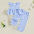 thumbnail image 2 of Xyant Kid Toddler Girls Summer Outfits Ruffle Sleeve Button Up Dress Tops Plaid Linen Pants Spring Clothes for Girls (Sky Blue,12-18 Months), 2 of 4