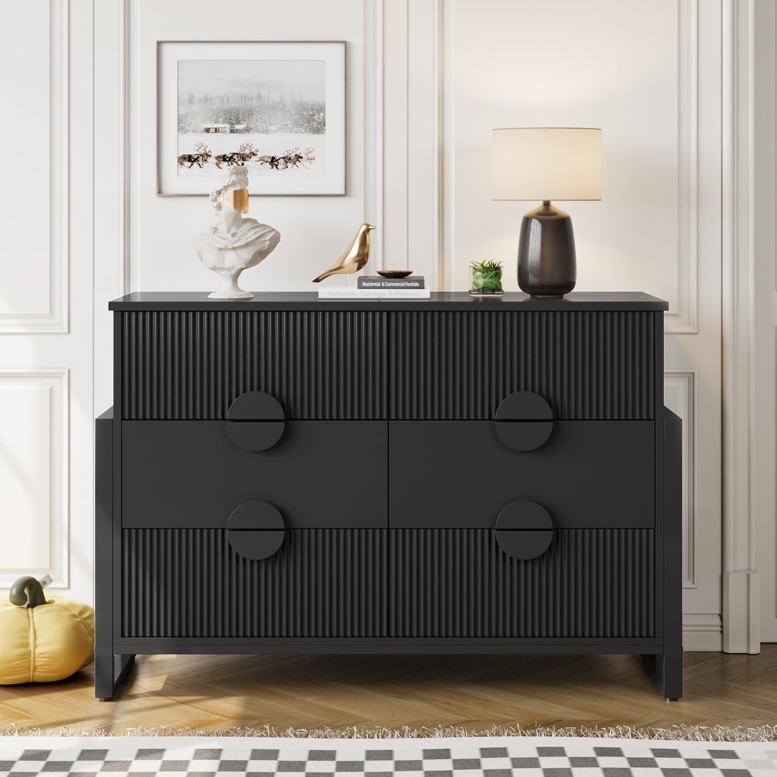 Black 6 Drawer Dresser for Bedroom, Modern Wide Chest Of Drawers Wood Storage Cabinet for Living Room