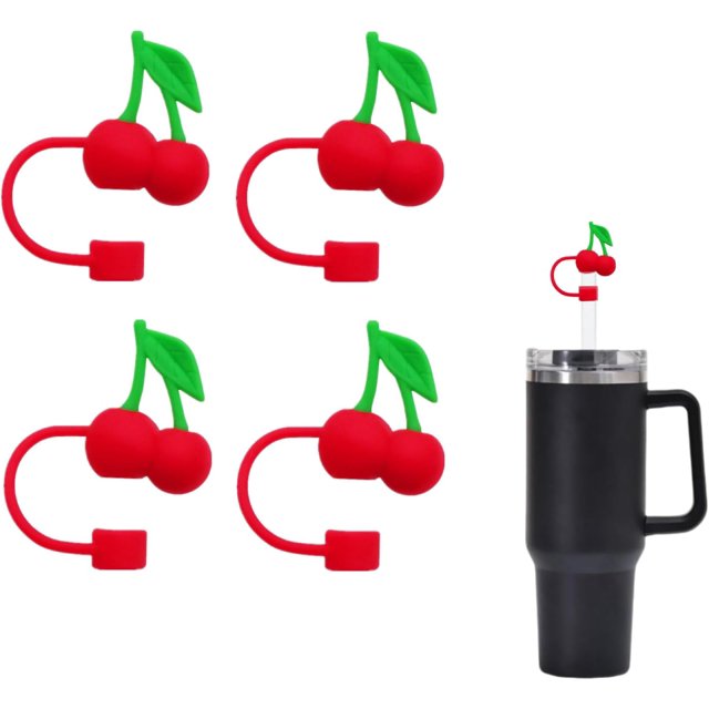 4 piezas de cubierta de silicona para pajitas de cereza, Almaluz, juego universal de 4 adornos rojo vibrante con hojas verdes; cada tapa en forma de cereza mide 10 cm (3,93 in) y se ajusta a pajitas de 10 mm (0,39 in) con un brazo elástico que ayuda a evitar derrames; mostradas sobre fondo blanco junto a una taza negra para contexto; también suelen usarse para decorar o marcar vasos en casa, oficina o camping.
