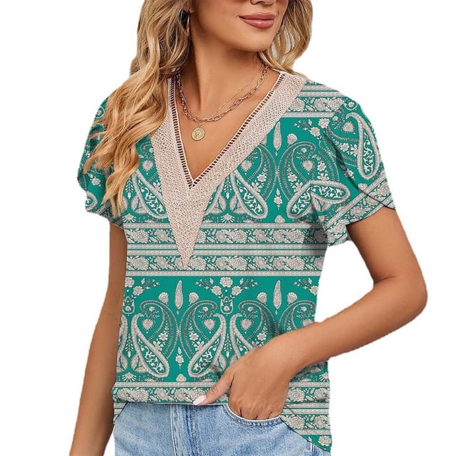 Blusa estampada de encaje de guipur Blusa de guipur de manga corta con pétalos y escote en V para mujer Citas Fondo verde anacardo XL