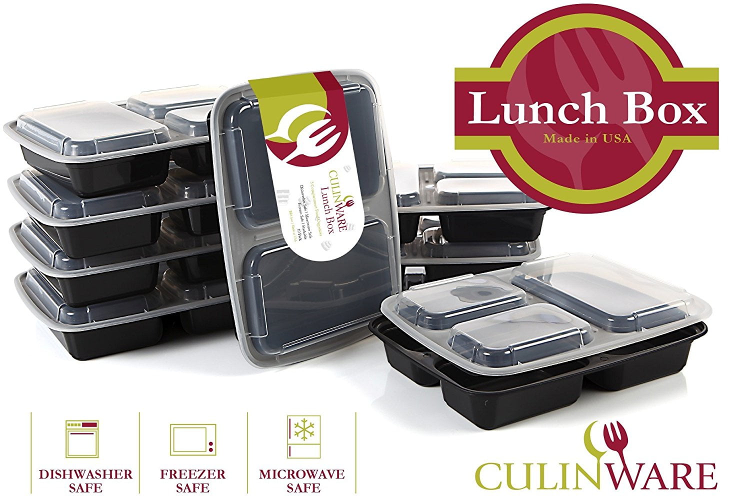 Culinware 3 Compartment Microwave Safe Food Container With Lid Culinware 3 Compartment Microwave Safe Food Container With Lid Divided Plate Bento Box Leak Proof Lunch Tray Cover Black 10 Pack
