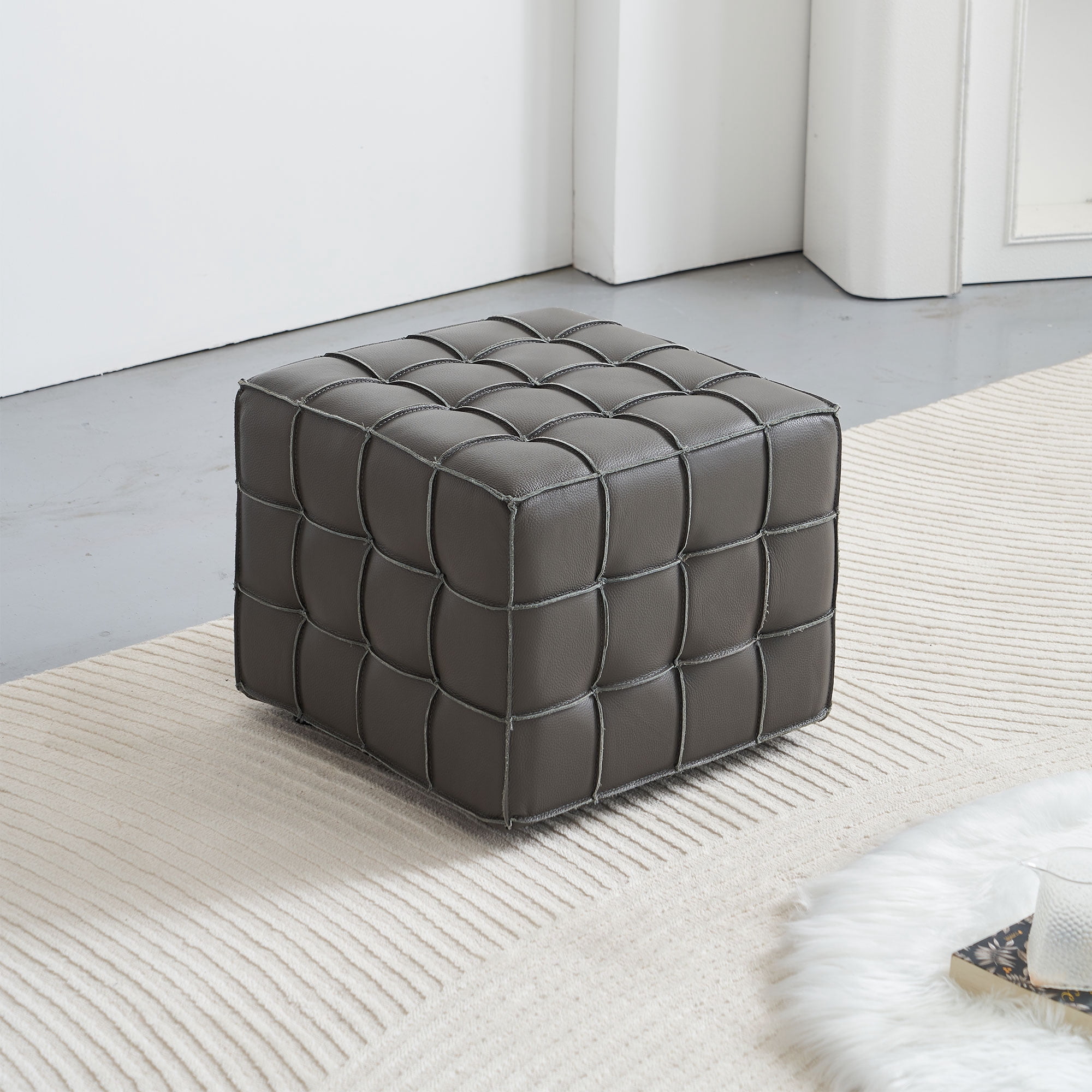17.32''W Genuine Leather Tufted Ottoman,Footstool for Living Room & Bedroom,Grey Color