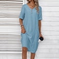 thumbnail image 5 of Women's Plus Size Dress Casaul Button Short Sleeve V-Neck Loose Solid Color Summer Beach Midi Dress with Two Pockets Light Blue S-2XL, 5 of 8