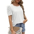 thumbnail image 3 of Blusa blanca con mangas abullonadas y cuello redondo - Camisa túnica holgada para mujer, talla L Summer Chic, 3 of 6