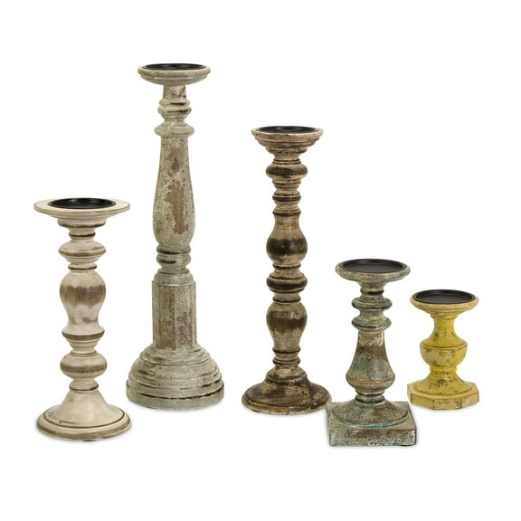 Kanan Wood Candleholders with Distressed Finish - Set of 5