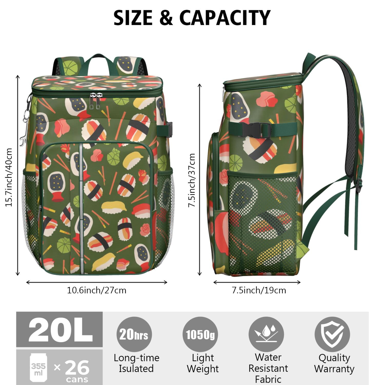 Sushi Cooler Backpack Insulated Waterproof Leak Proof Backpack Cooler Lightweight Lunch Picnic Camping Backpack Cooler for Office Workers Outdoor Enthusiasts