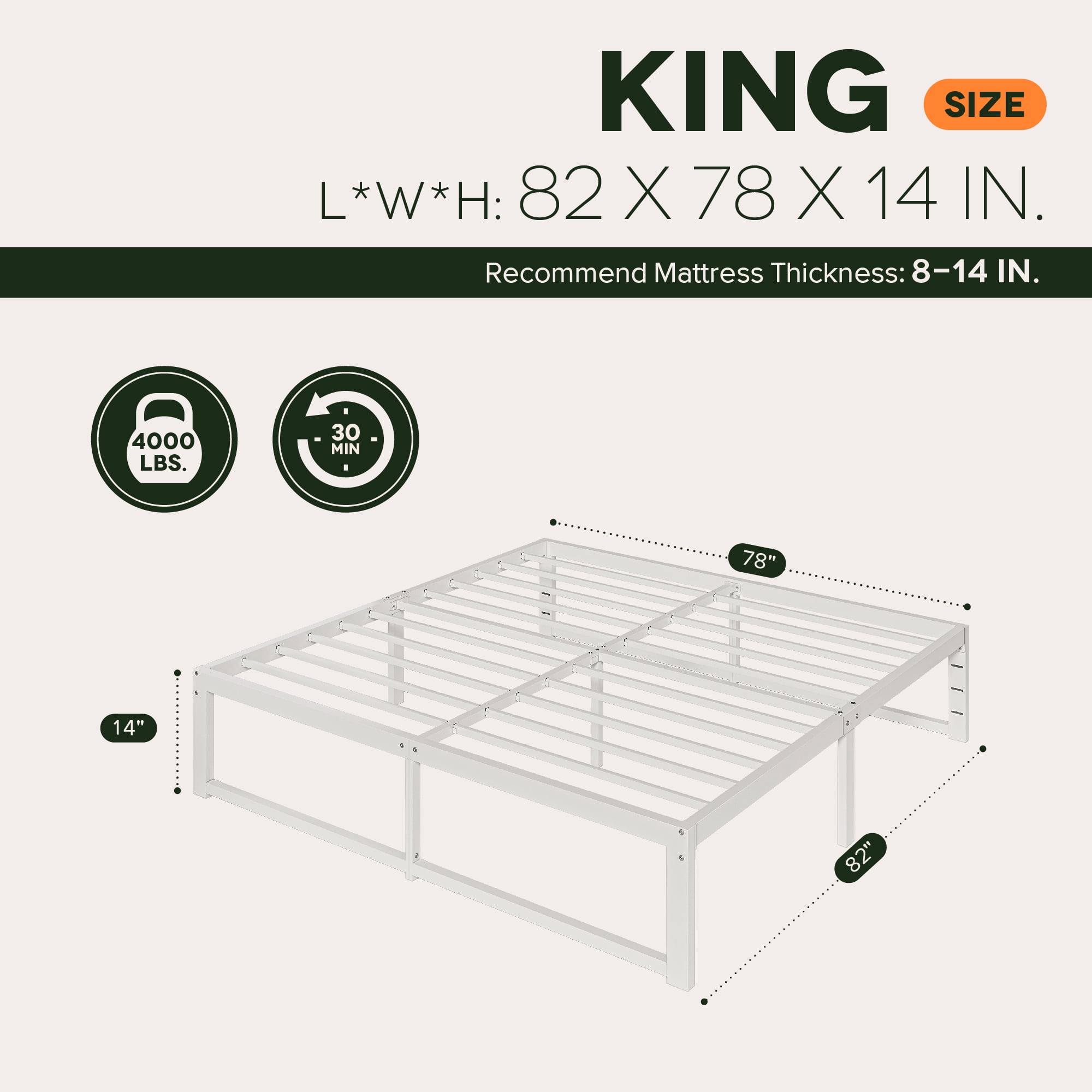 Einfach 14" King Bed Frame, Heavy Duty Metal Slat Platform with Ample Underbed Storage, Noise Free, White