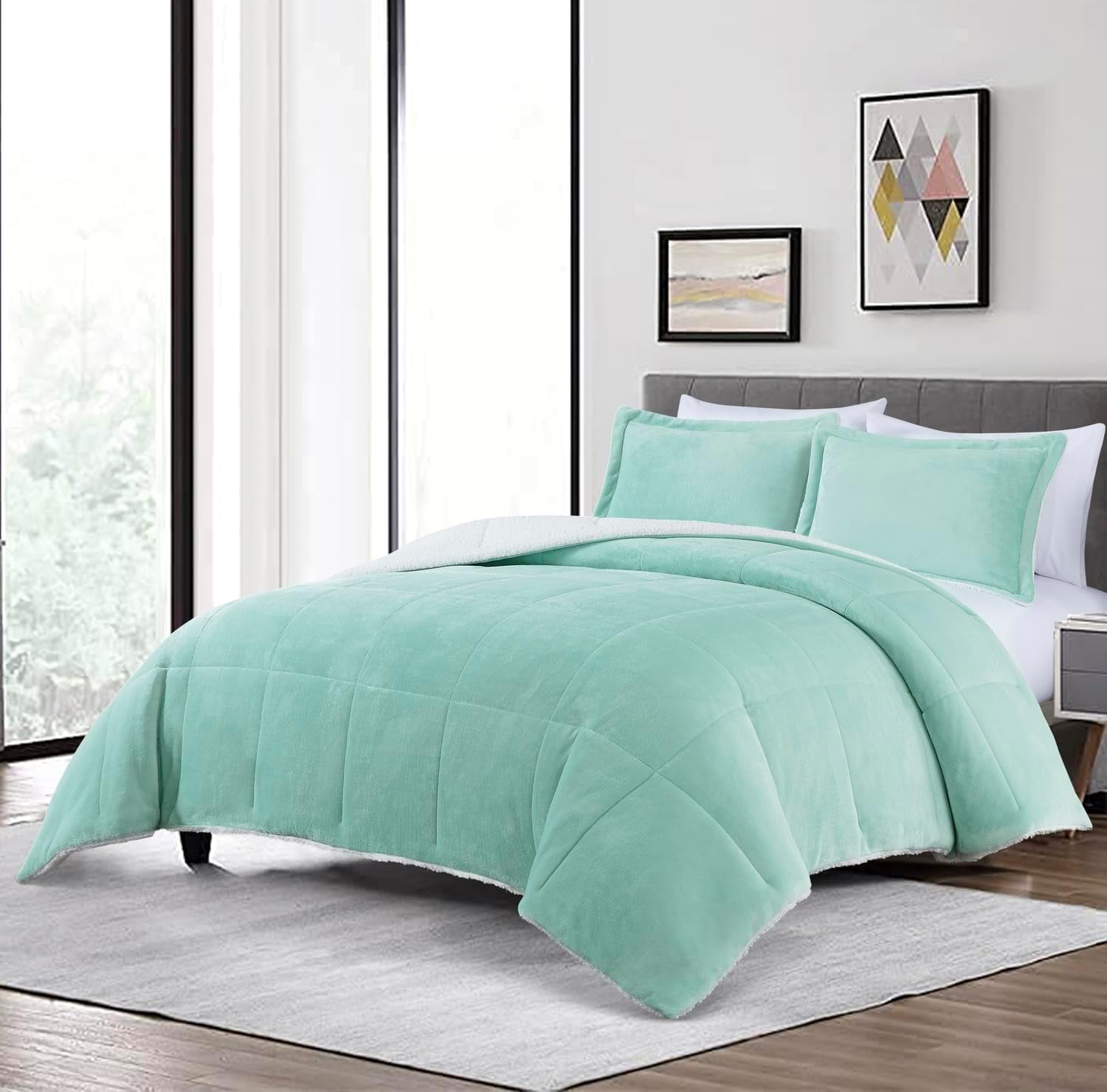 Chezmoi Collection Ultra-Soft Micromink Sherpa King Size Comforter Set with 2 Pillow Shams, Reversible Plush Bedding Comforter 3-Piece, Aqua