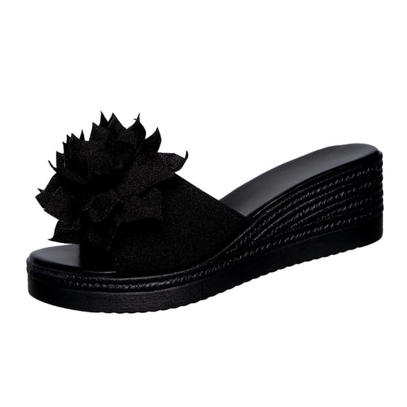 Black Ladies Casual Wedge Sandals Featuring Floral Accents A Peep Toe Design And A Chunky Heel