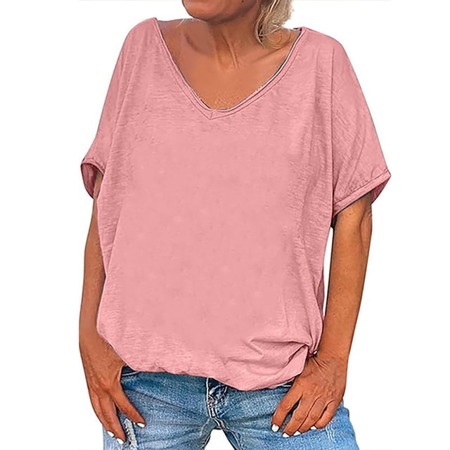 Timegard Tops for Women V Neck Short Sleeve Comfy Solid Color Loose Blouse Casual Basic Tee Shirts Tops