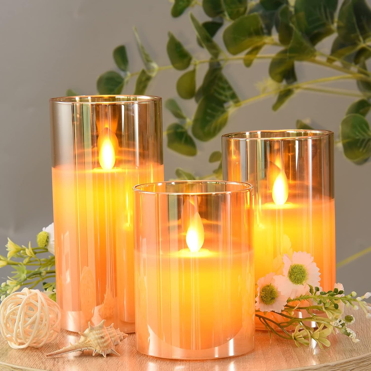 Cimetech Flickering Flameless Candles Set of 3, 3D Wick Acrylic Electric Fake Candles,Easter Decor, Battery Operated with Remote and Timer-Gold 4''x5''x6''
