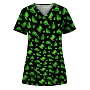 TopLLC Womens Plus Size Scrubs Women's Fashion St. Patrick's Day Printed V-neck Short Sleeve Pocket Workwear Top Casual Nurse Shirts Scrubs on Clearance