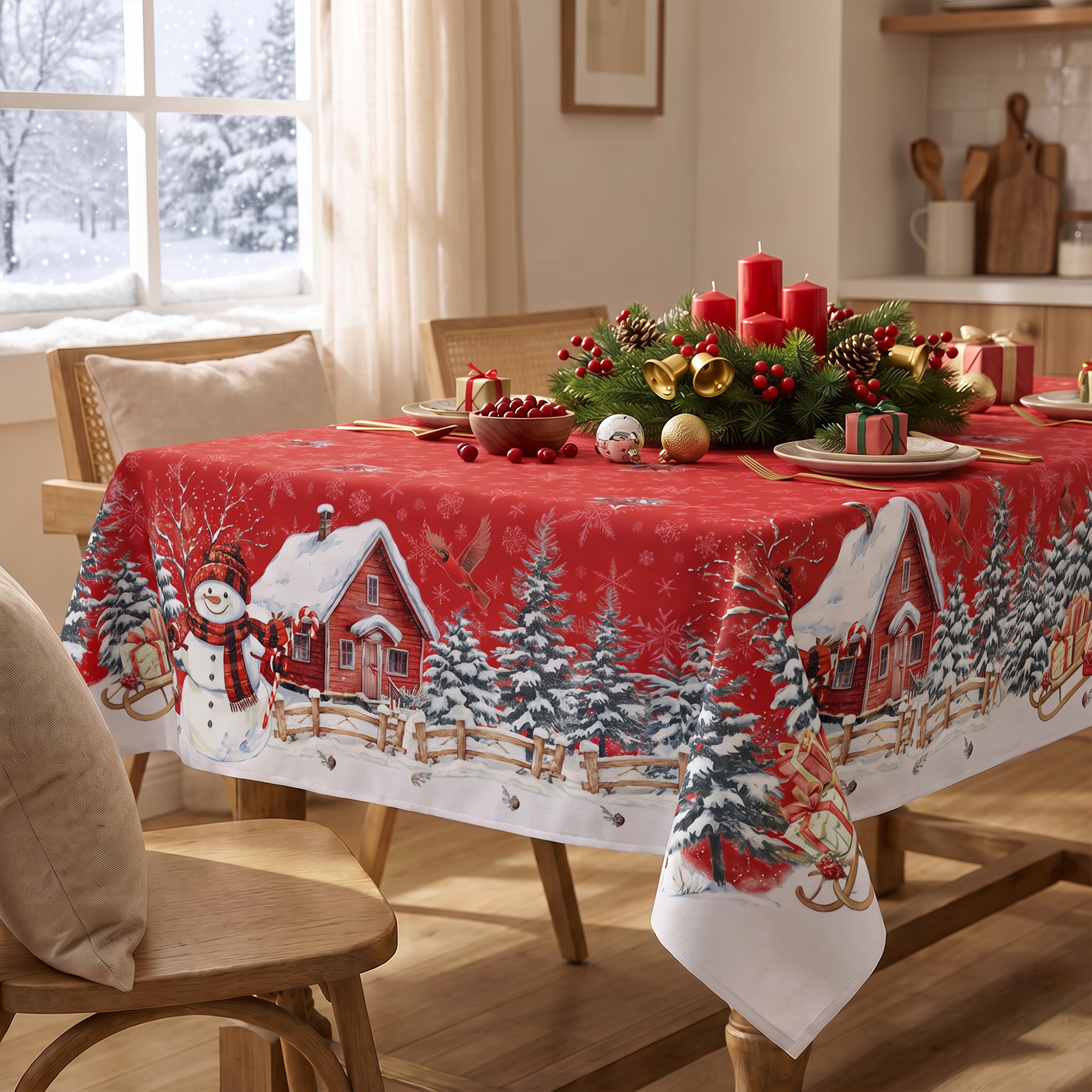 Sm:)e Tree Snowman Christmas Tablecloth 60x60 Inch