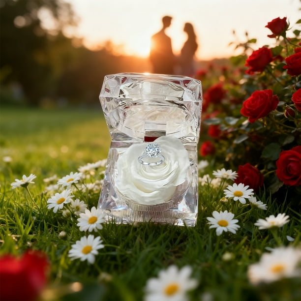 Caja de Acrílico Transparente con Forma de Corazón para Anillos | Joyero Interior de Terciopelo para Regalo de Compromiso, Boda y Aniversario | Caja de Regalo de Rosas Preservadas Resistente Al Agua