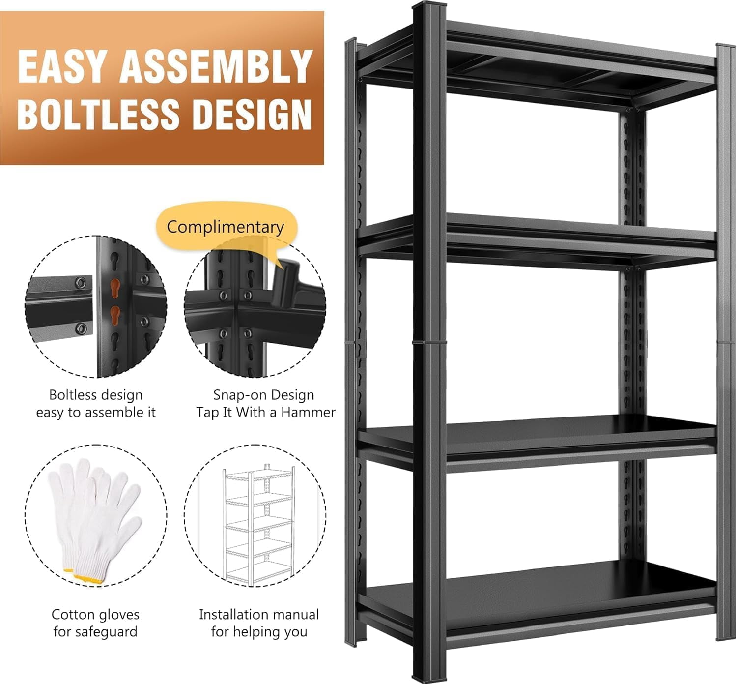 4-Tier Adjustable Storage Rack, Garage Organizer with Adjustable Shelves, Black