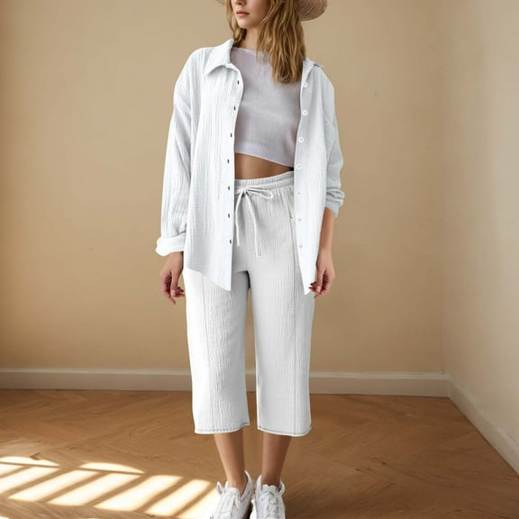 Women's Summer Cotton Linen Outfits 2 Piece Casual Travel Set Long Sleeve Button Shirt and Black High Waist Capris Pants, Lightweight Breathable Summer Beach Wear White L