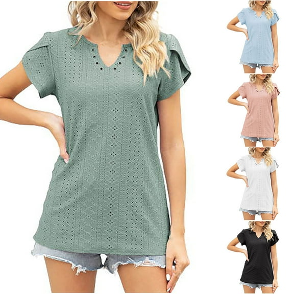 Inverlee Womens T Shirts V Neck Trendy Short Sleeve Tops Plus Size Solid Color Shirts Flowy Work Tunic Blouse Tee Summer Fashion