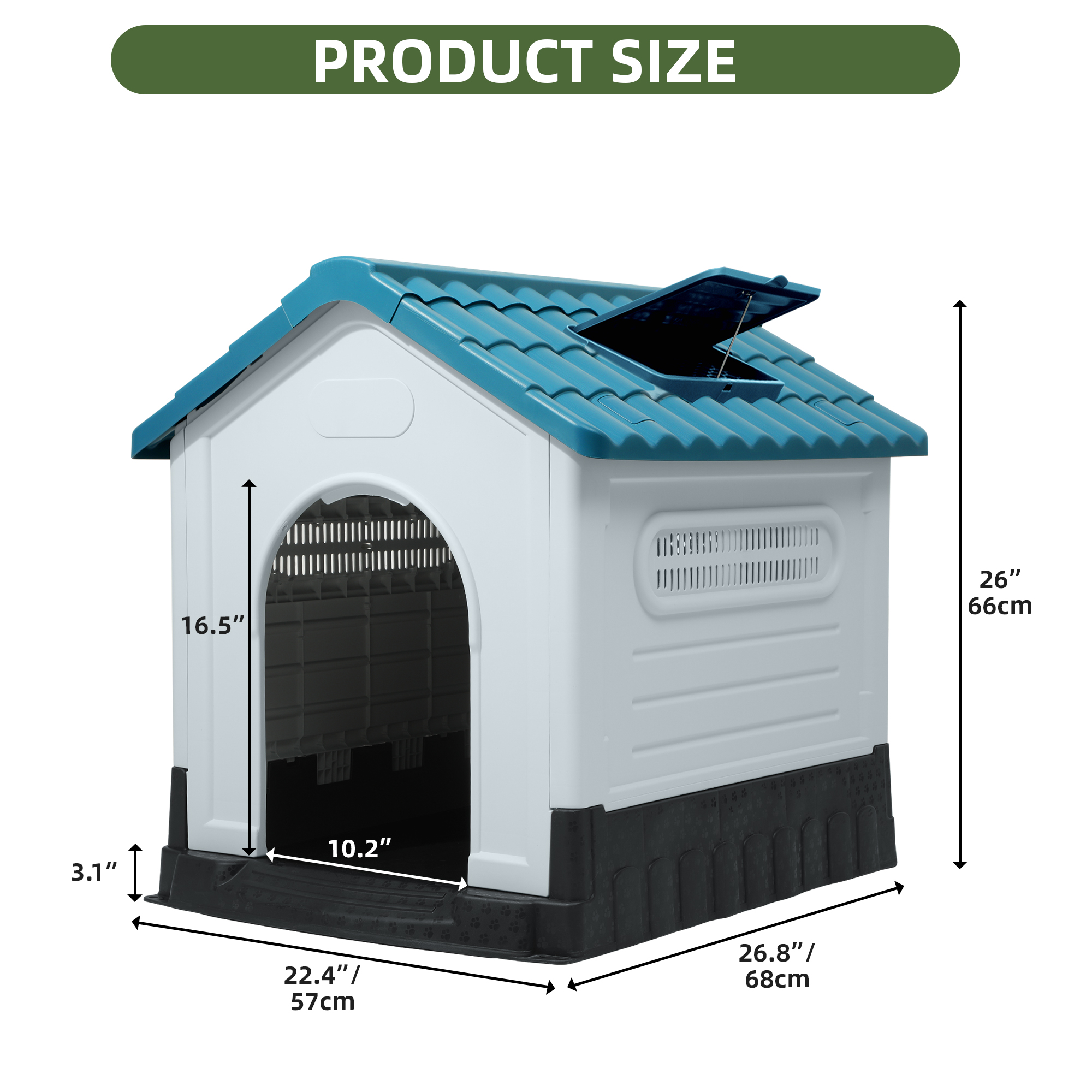 Uforic Foldable Plastic Dog House with Adjustable Skylight and Elevated Floor, Outdoor Indoor Waterproof  Doghouse Puppy Shelter,Blue,26.8''Lx 22.4''Wx 26''H