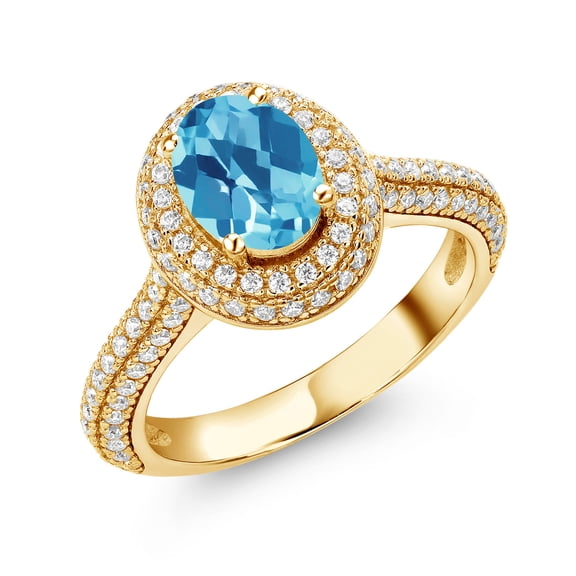 Gem Stone King 18K Yellow Gold Plated Silver Ring Oval/Checkerboard Topaz Moissanite (1.94 Cttw)