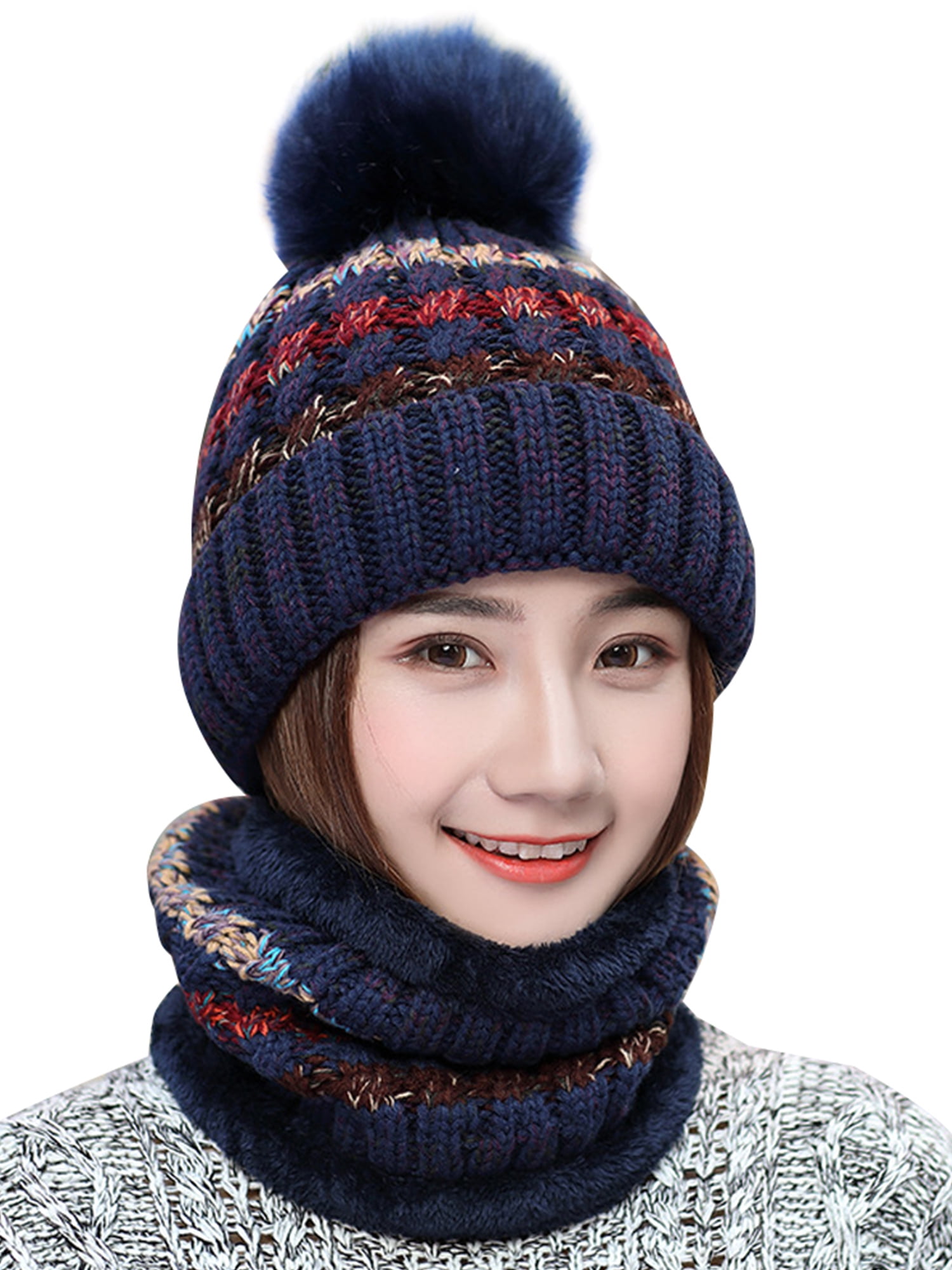 Scarf Set Hat Faux Fur Women Winter Pom And Knitted Girls Ladies Warm New Beanie Scarf Set Hat Faux Fur Women Winter Pom And Knitted Girls Ladies Warm New Beanie