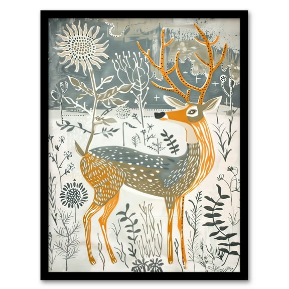 Artery8 Woodland Deer in Snow Wildflowers Winter Folk Art Living Room Art Print Framed Poster Wall Decor 12x16 inch