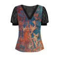 thumbnail image 3 of Gibobby Playera de manga corta con cuello en V Top manga corta con cuello en V encaje informal con estampado moda para mujer(Azul,M), 3 of 3