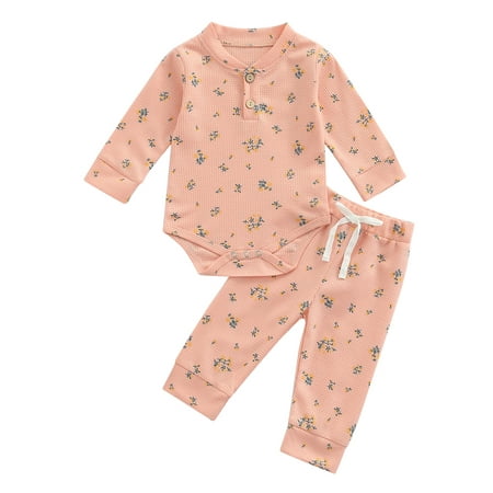 

Frobukio 2Pcs Newborn Baby Girls Clothes Sets Long Sleeve Knitted Floral Bodysuits+Elastic Waist Pants Pink 12-18 Months
