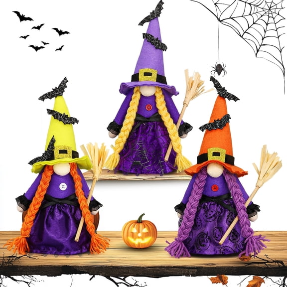 Molumo Hocus Pocus Halloween Gnomes Plush Decoration 3 Pcs Handmade Halloween Witches Swedish Scandinavian Tomte Elf Gnomes for Halloween Home Table Tiered Tray Decor