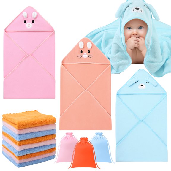 KABOER 12 Pcs Baby Bath Towels for Infants Toddlers, 3 Animal Hooded Baby Towels & 9  Washcloths Set, Ultra Absorbent Soft Cute Newborn Bath Essential Gifts for Boys & Girls