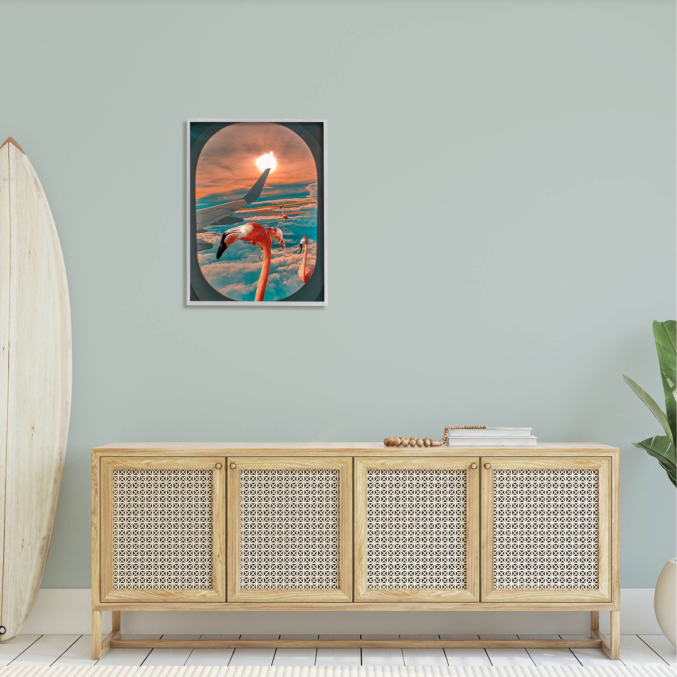 Flamingoes Airplane Window Clouds Animals & Insects Graphic Art Gray Framed Art Print Wall Art
